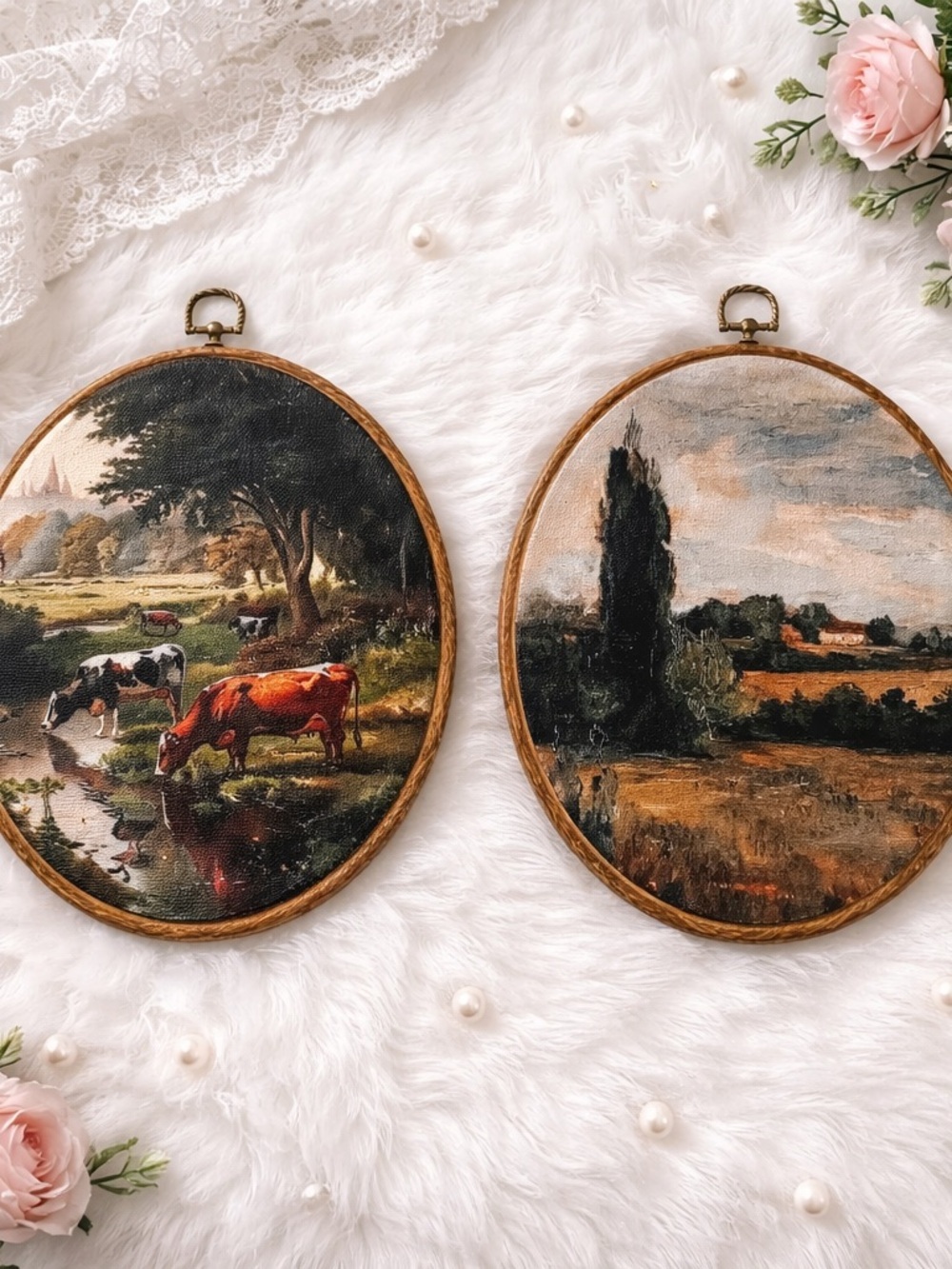 Paintings of (2) Pastoral Country Landscape Scenery Wall Art Decor Cows Oval EUC